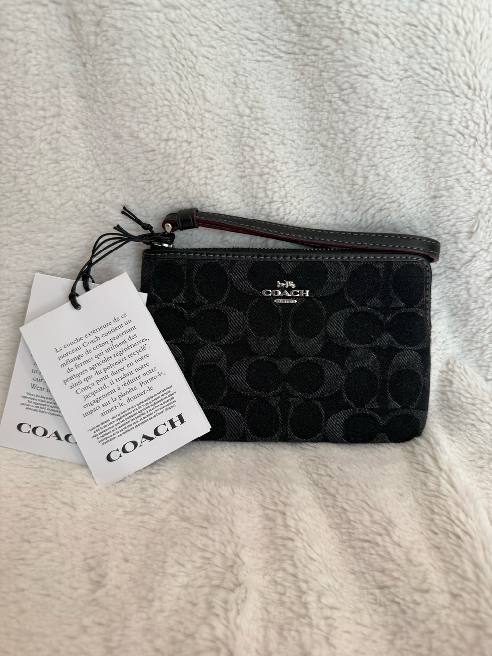 COACH Black Signature C Wristlet with Silver Logo
